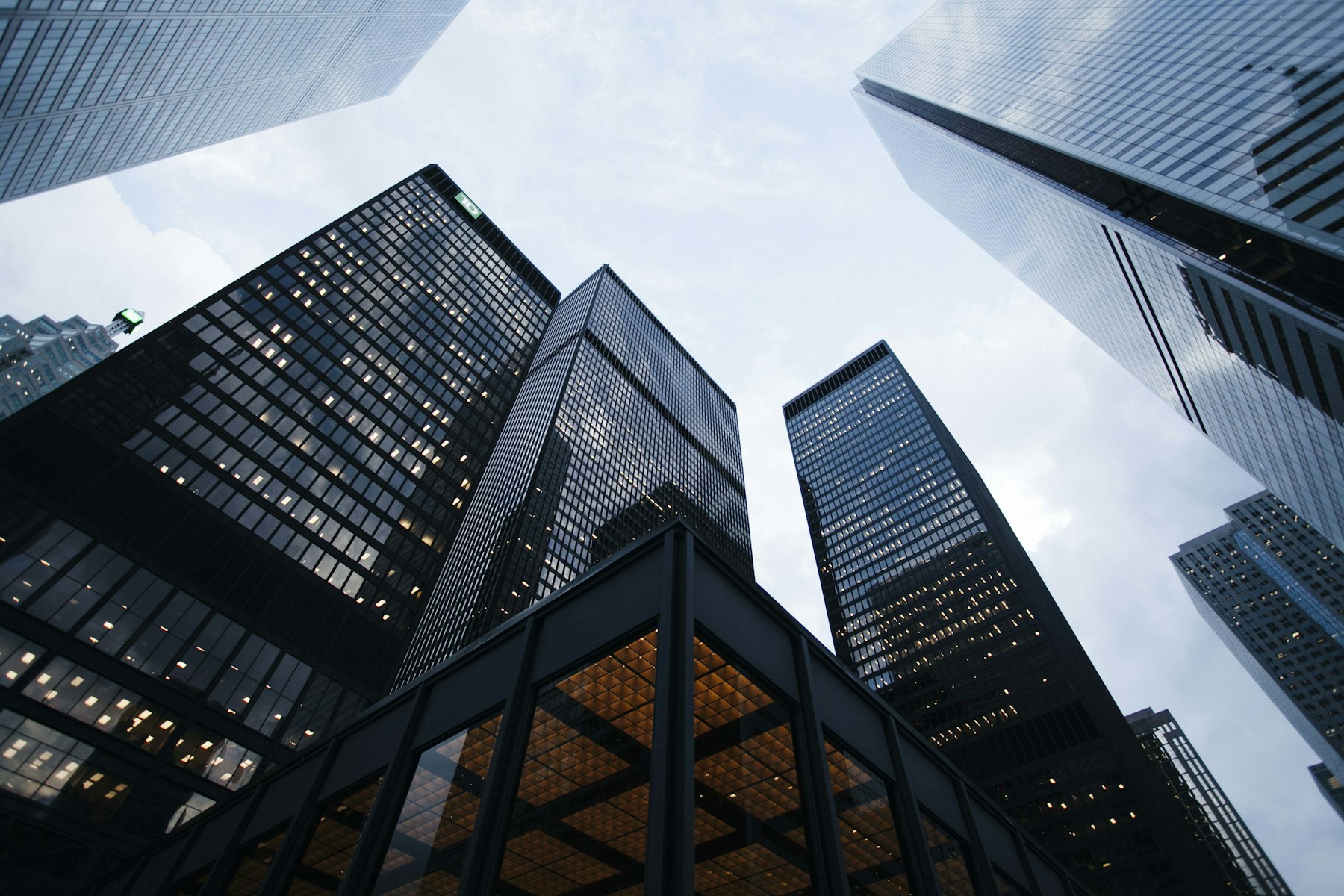 Contemporary city architecture seen against an open sky